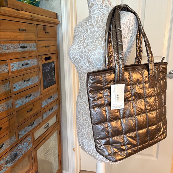 Quilted Puffer Tote - Shiny Bronze - Double Handle- XL- Lightweight -NWT - Picture 4 of 6